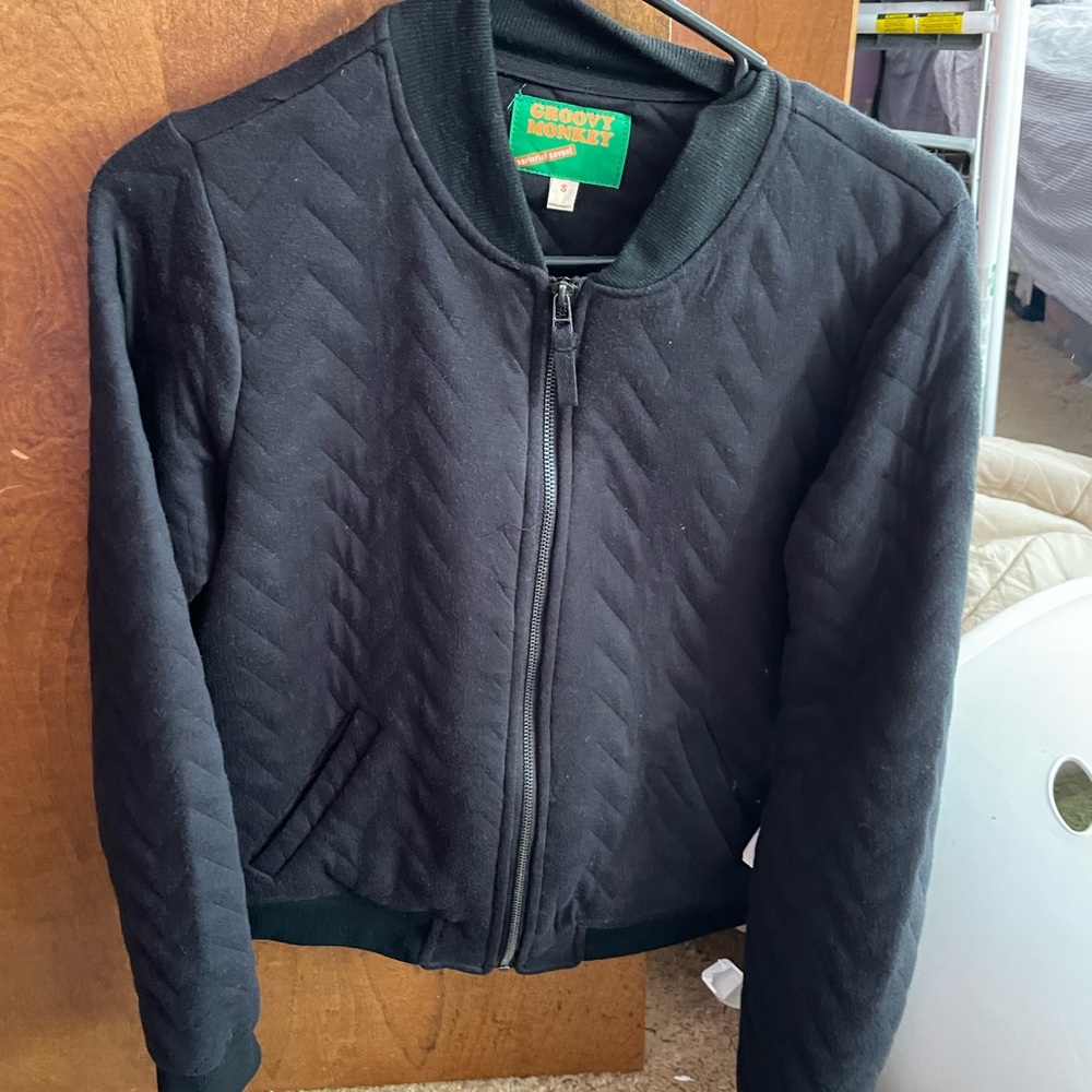 Groovy monkey sartorial savant black zig zag‎ zip bomber jacket small